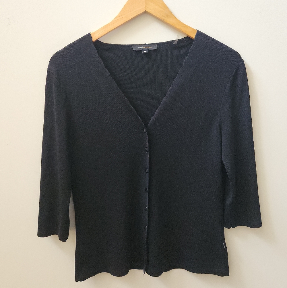 BCBG Max Azria Black Ribbed Button Up Top Scalloped Neck 3/4 Sleeve Medium